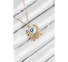 316L Çelik Zirkon Taşlı Nazar Model Gold Renk Kadın Kolye - TJ-BKO10544