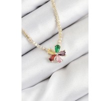 Pirinç Zirkon Taşlı Su Yolu Asorti Çiçek Model Gold Renk Kadın Kolye - TJ-BKO10546