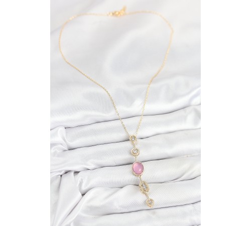Pirinç Zincir Pembe Gold Renk Zirkon Taşlı Y Kolye - TJ-BKO10554