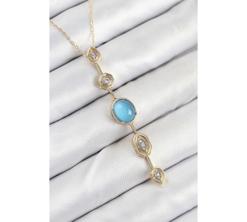 Pirinç Zincir Mavi Gold Renk Zirkon Taşlı Y Kolye - TJ-BKO10558