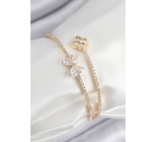 Pirinç Zirkon Taşlı Fiyonk Ve Yonca Model Gold Renk Kadın Bileklik - TJ-BB7851