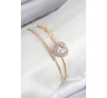 Pirinç Zirkon Taşlı Kalp Model Gold Renk Kadın Bileklik - TJ-BB7855