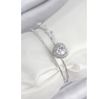 Pirinç Zirkon Taşlı Kalp Model Gümüş Renk Kadın Bileklik - TJ-BB7856