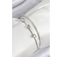 Pirinç Zirkon Taşlı Kalp Model Gümüş Renk Kadın Bileklik - TJ-BB7862
