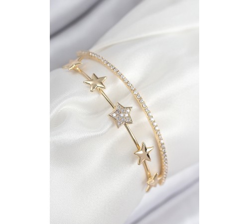 Pirinç Zirkon Taşlı Yıldız Model Gold Renk Kadın Bileklik - TJ-BB7877 Pirinç Zirkon Taşlı Yıldız Model Gold Renk Kadın Bileklik - TJ-BB7877