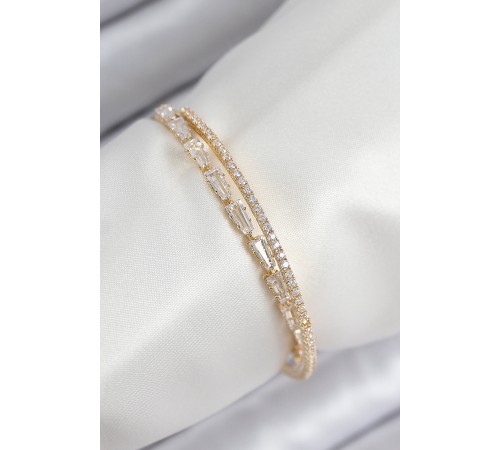 Pirinç Zirkon Taşlı Su Yolu Model Gold Renk Kadın Bileklik - TJ-BB7881