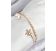 Pirinç Zirkon Taşlı Yıldız Ve İnci Model Gold Renk Kadın Bileklik - TJ-BB7883