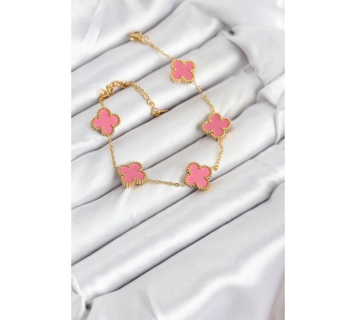 316L Çelik Gold Zincir Pembe Yonca Renk Bileklik - TJ-BB7908