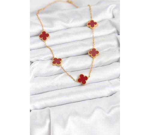 316L Çelik Gold Renk Zincir Bordo Yonca Kadın Kolye - TJ-BKO10565