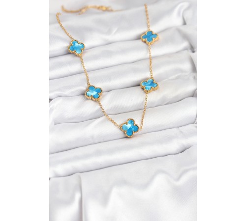 316L Çelik Zincir Gold Buz Mavisi Renk Yonca Kolye - TJ-BKO10566