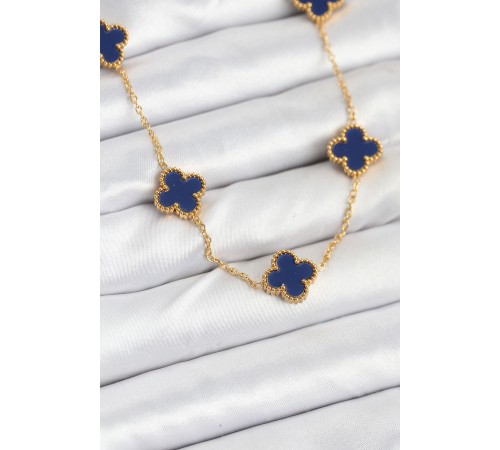 316L Çelik Zincir Gold Renk Lacivert Yonca Kadın Kolye - TJ-BKO10567