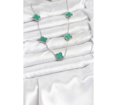 316L Çelik Zincir Gümüş Renk Yeşil Yonca Kadın Kolye - TJ-BKO10568