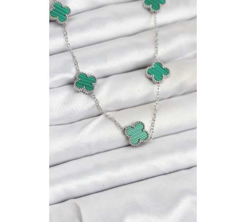 316L Çelik Zincir Gümüş Renk Yeşil Yonca Kadın Kolye - TJ-BKO10568