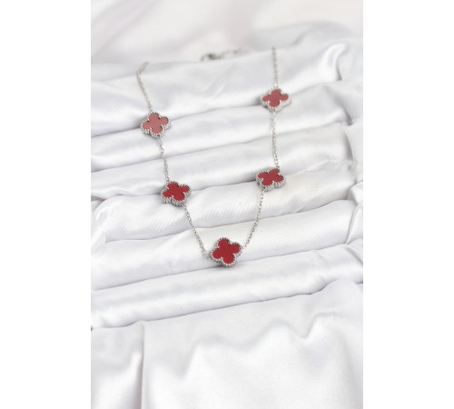 316L Çelik Zincir Gümüş Renk Bordo Renk Yonca Kadın Kolye - TJ-BKO10569