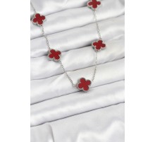 316L Çelik Zincir Gümüş Renk Bordo Renk Yonca Kadın Kolye - TJ-BKO10569