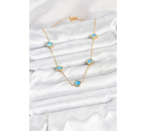 316L Çelik Zincir Gold Renk Buz Mavisi Baby Boy Yonca Kadın Kolye - TJ-BKO10571