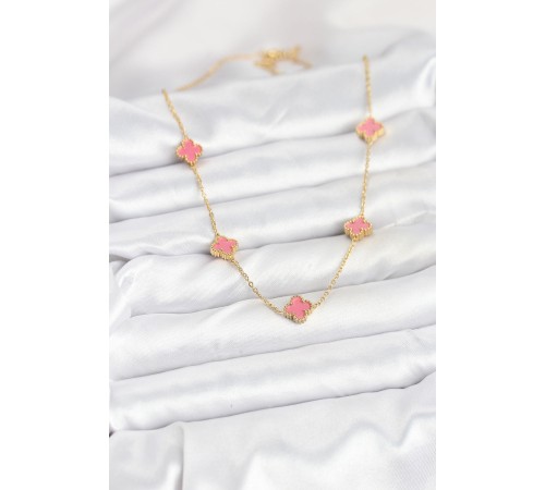 316L Çelik Zincir Gold Renk Pembe Baby Boy Yonca Kadın Kolye - TJ-BKO10572