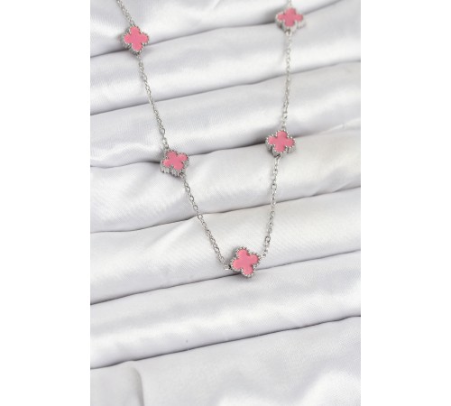 316L Çelik Zincir Gümüş Renk Pembe Baby Boy Yonca Kadın Kolye - TJ-BKO10575