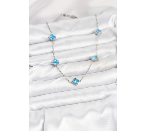 316L Çelik Zincir Gümüş Renk Buz Mavisi Baby Boy Yonca Kadın Kolye - TJ-BKO10576