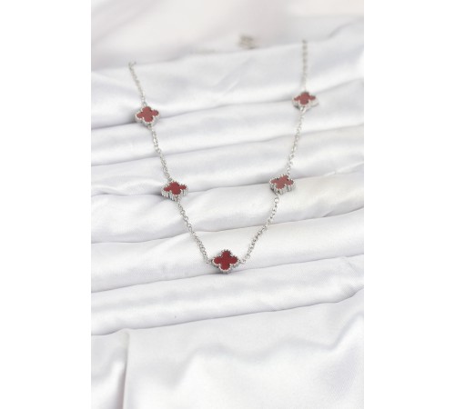 316L Çelik Zincir Gümüş Renk Bordo Baby Boy Yonca Kadın Kolye - TJ-BKO10577