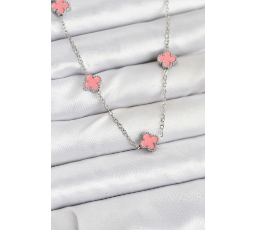 316L Çelik Zincir Gümüş Renk Pembe Baby Boy Yonca Kadın Kolye - TJ-BKO10579