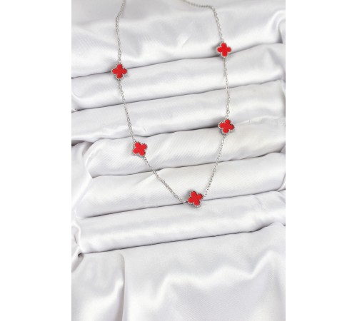 316L Çelik Zincir Gümüş Renk Kırmızı Baby Boy Yonca Kadın Kolye - TJ-BKO10581