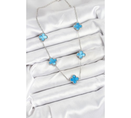 316L Çelik Zincir Gümüş Buz Mavisi Renk Yonca Kadın Kolye - TJ-BKO10582