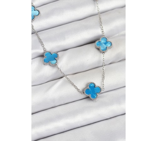 316L Çelik Zincir Gümüş Buz Mavisi Renk Yonca Kadın Kolye - TJ-BKO10582