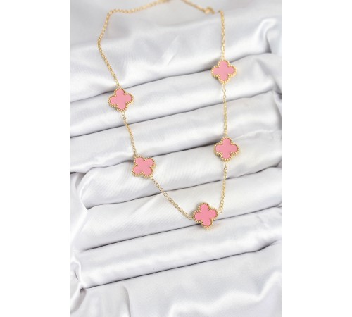 316L Çelik Zincir Gold Pembe Renk Yonca Kadın Kolye - TJ-BKO10583