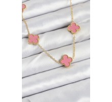316L Çelik Zincir Gold Pembe Renk Yonca Kadın Kolye - TJ-BKO10583