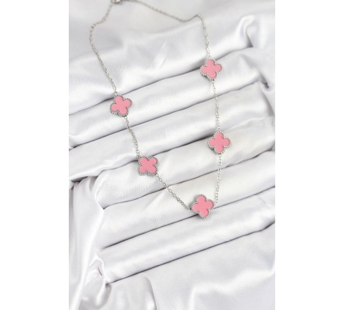 316L Çelik Zincir Gümüş Pembe Renk Yonca Kadın Kolye - TJ-BKO10584