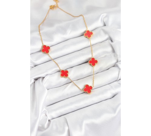 316L Çelik Zincir Gold Kırmızı Renk Yonca Kadın Kolye - TJ-BKO10585