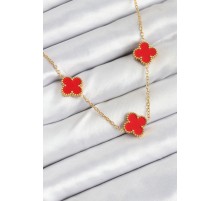316L Çelik Zincir Gold Kırmızı Renk Yonca Kadın Kolye - TJ-BKO10585