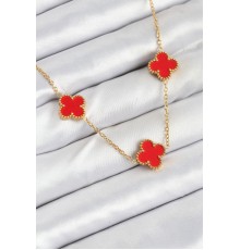 316L Çelik Zincir Gold Kırmızı Renk Yonca Kadın Kolye - TJ-BKO10585