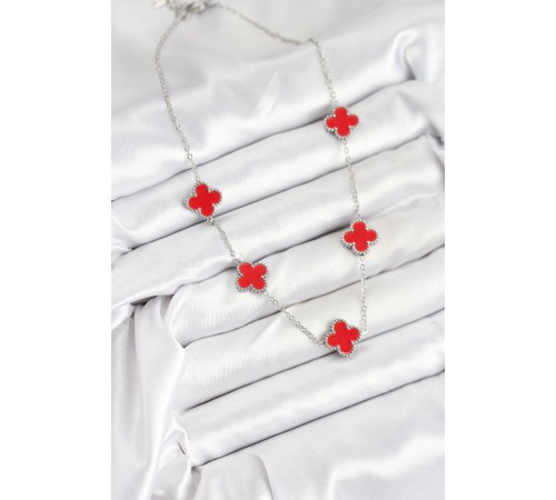 316L Çelik Zincir Gümüş Kırmızı Renk Yonca Kadın Kolye - TJ-BKO10586