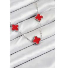 316L Çelik Zincir Gümüş Kırmızı Renk Yonca Kadın Kolye - TJ-BKO10586