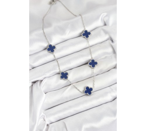 316L Çelik Zincir Gümüş Lacivert Renk Yonca Kadın Kolye - TJ-BKO10587