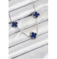 316L Çelik Zincir Gümüş Lacivert Renk Yonca Kadın Kolye - TJ-BKO10587