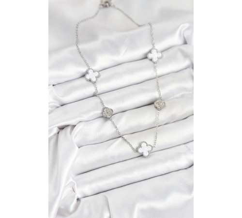 316L Çelik Zincir Gümüş Renk Beyaz ve Zirkon Taşlı Yonca Kadın Kolye - TJ-BKO10588