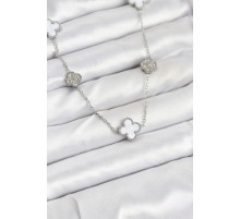 316L Çelik Zincir Gümüş Renk Beyaz ve Zirkon Taşlı Yonca Kadın Kolye - TJ-BKO10588