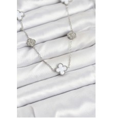 316L Çelik Zincir Gümüş Renk Beyaz ve Zirkon Taşlı Yonca Kadın Kolye - TJ-BKO10588