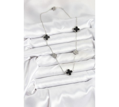 316L Çelik Zincir Gümüş Renk Siyah ve Zirkon Taşlı Yonca Kadın Kolye - TJ-BKO10589