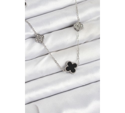 316L Çelik Zincir Gümüş Renk Siyah ve Zirkon Taşlı Yonca Kadın Kolye - TJ-BKO10589