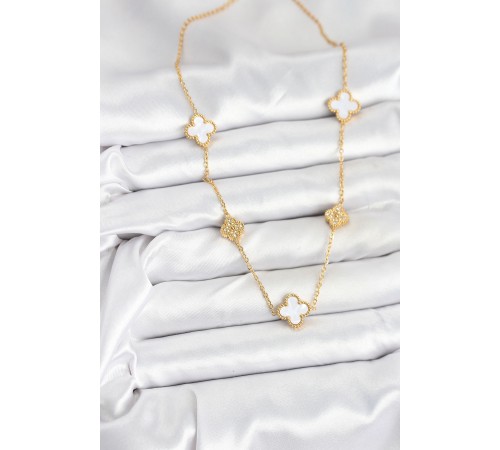 316L Çelik Zincir Gold Renk Beyaz ve Zirkon Taşlı Yonca Kadın Kolye - TJ-BKO10590