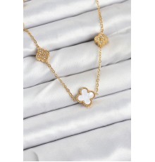 316L Çelik Zincir Gold Renk Beyaz ve Zirkon Taşlı Yonca Kadın Kolye - TJ-BKO10590