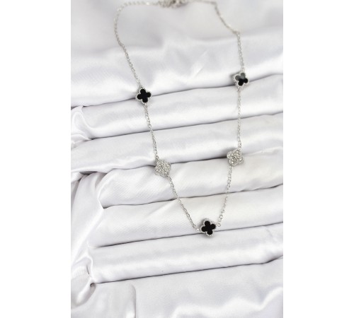 316L Çelik Zincir Gümüş Renk Siyah ve Zirkon Taşlı Baby Boy Yonca Kadın Kolye - TJ-BKO10591