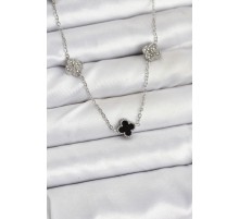 316L Çelik Zincir Gümüş Renk Siyah ve Zirkon Taşlı Baby Boy Yonca Kadın Kolye - TJ-BKO10591