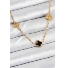 316L Çelik Zincir Gold Renk Siyah ve Zirkon Taşlı Baby Boy Yonca Kadın Kolye - TJ-BKO10592