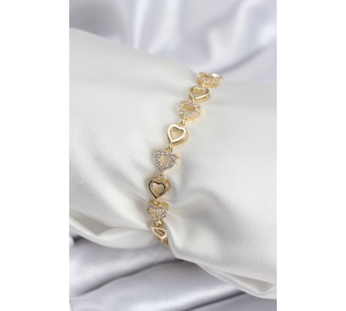 Pirinç VIP Seri Gold Renk Sıralı Kalp Model Kadın Bileklik - TJ-BB7935