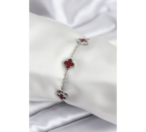 316L Çelik Gümüş Renk Bordo Baby Boy Yonca Kadın Bileklik - TJ-BB7951
